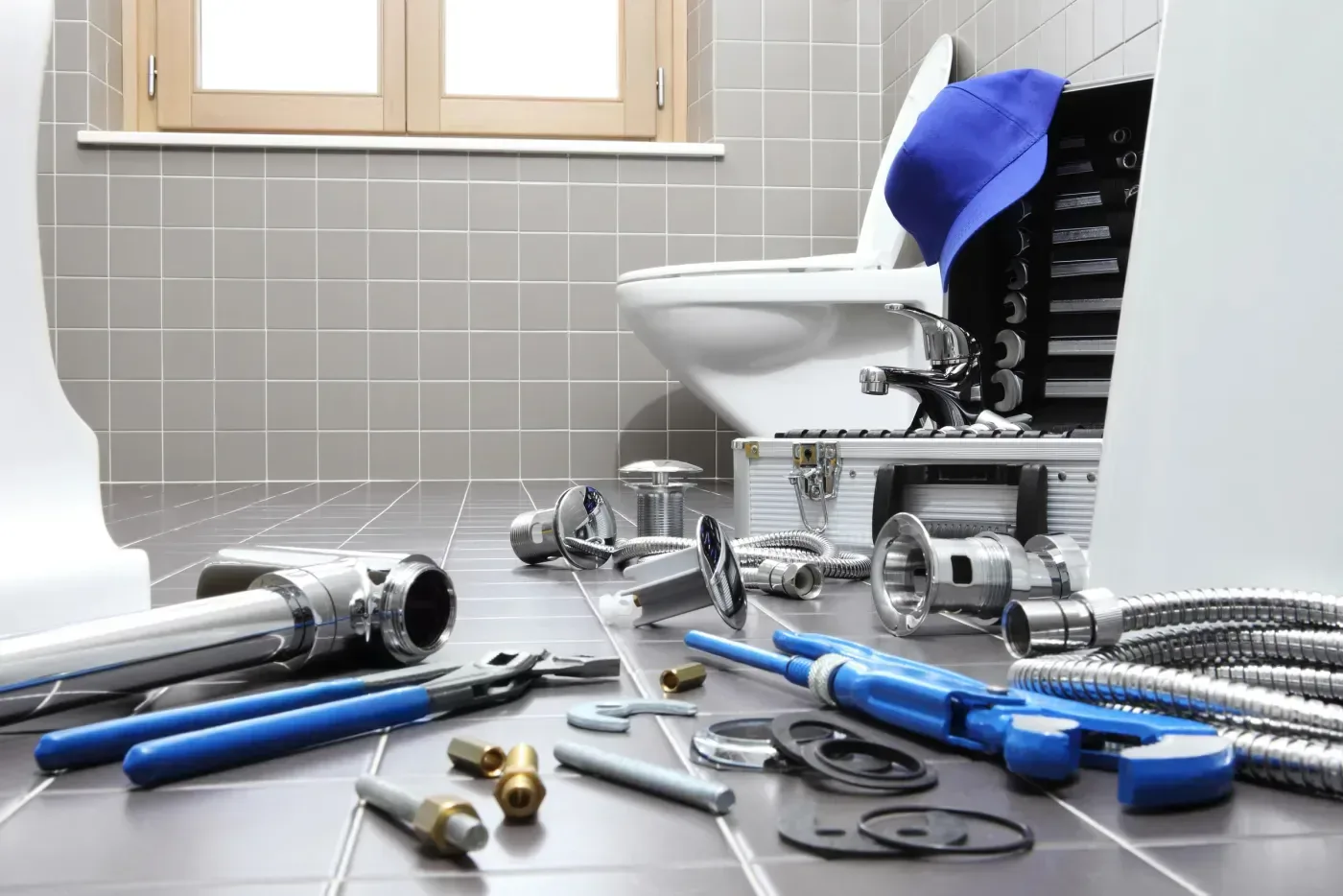 Outils et pièces de plomberie posés lors d'un dépannage sanitaire à Antony